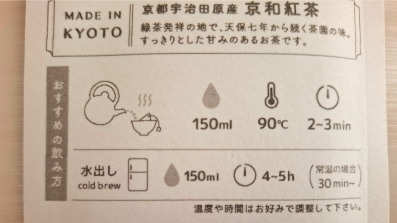 京都ぎょくろのごえん茶”の「ごあいさつ茶」シリーズの和紅茶のパッケージに記載されているおすすめの飲み方説明を拡大した写真