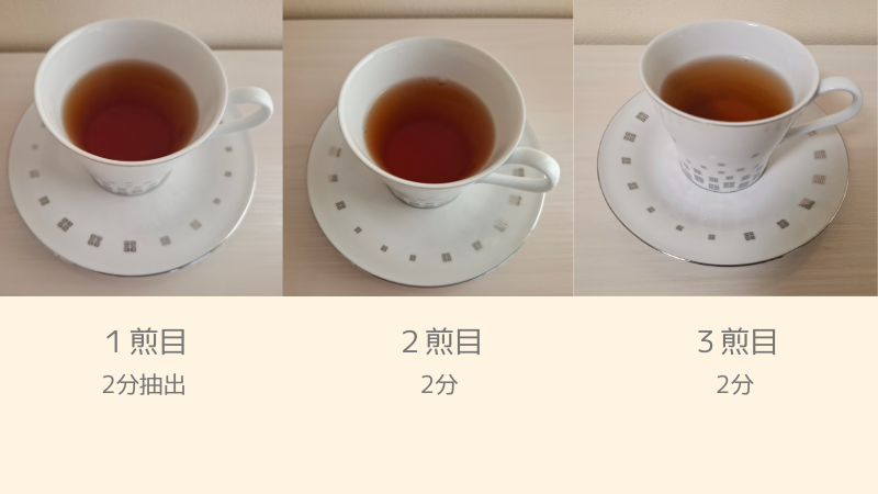 京都ぎょくろのごえん茶”の「ごあいさつ茶」シリーズの和紅茶を淹れてみた　１～３煎目までの写真